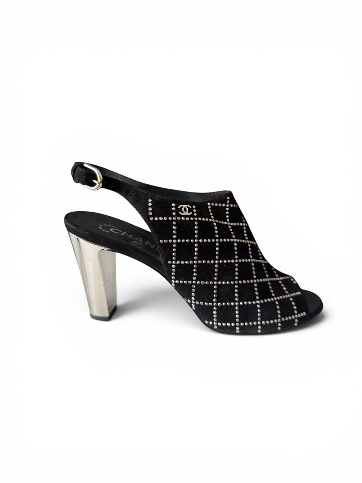Chanel Black Suede Crystal Grid Slingback Heels
