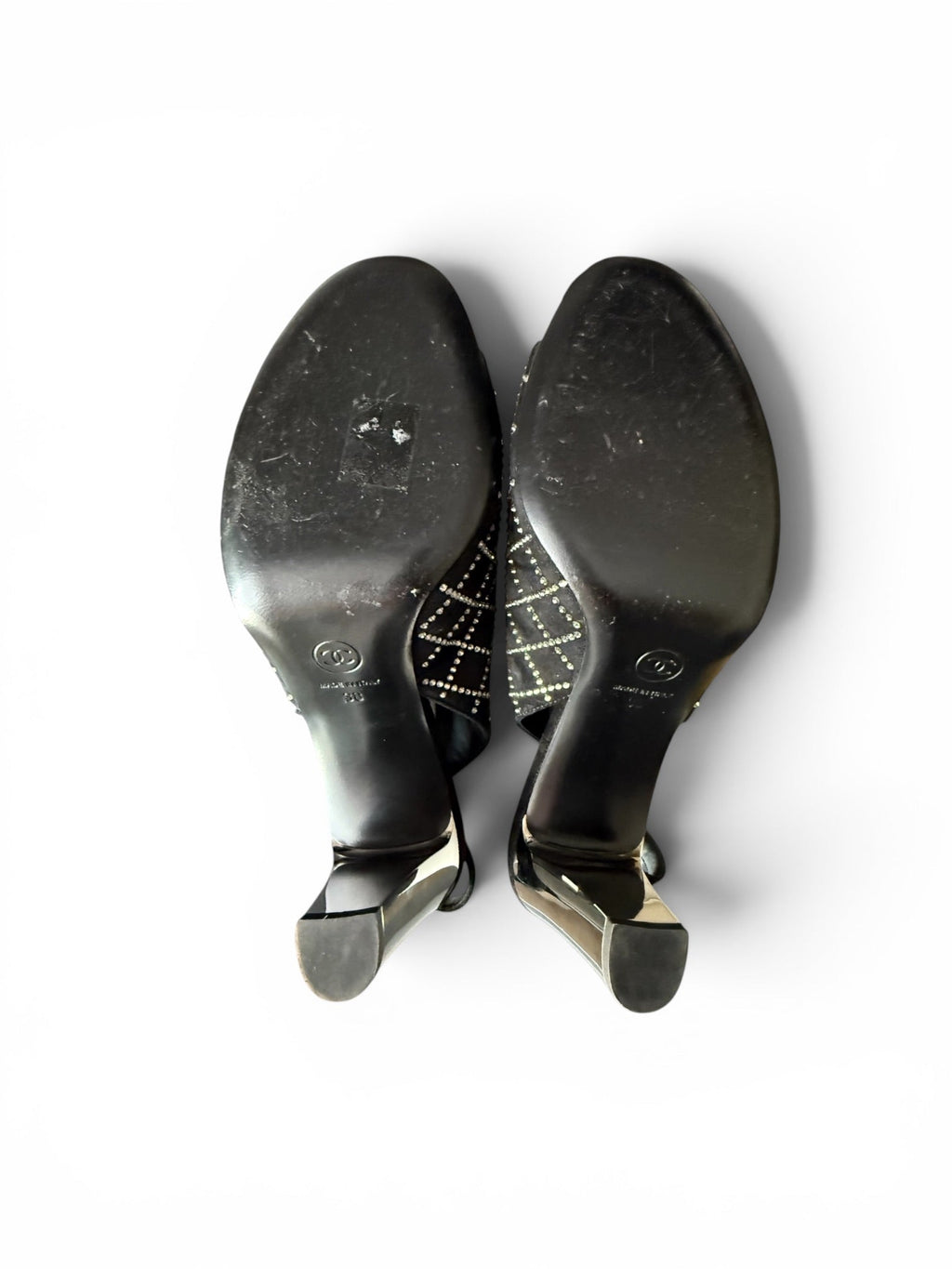 Chanel Black Suede Crystal Grid Slingback Heels