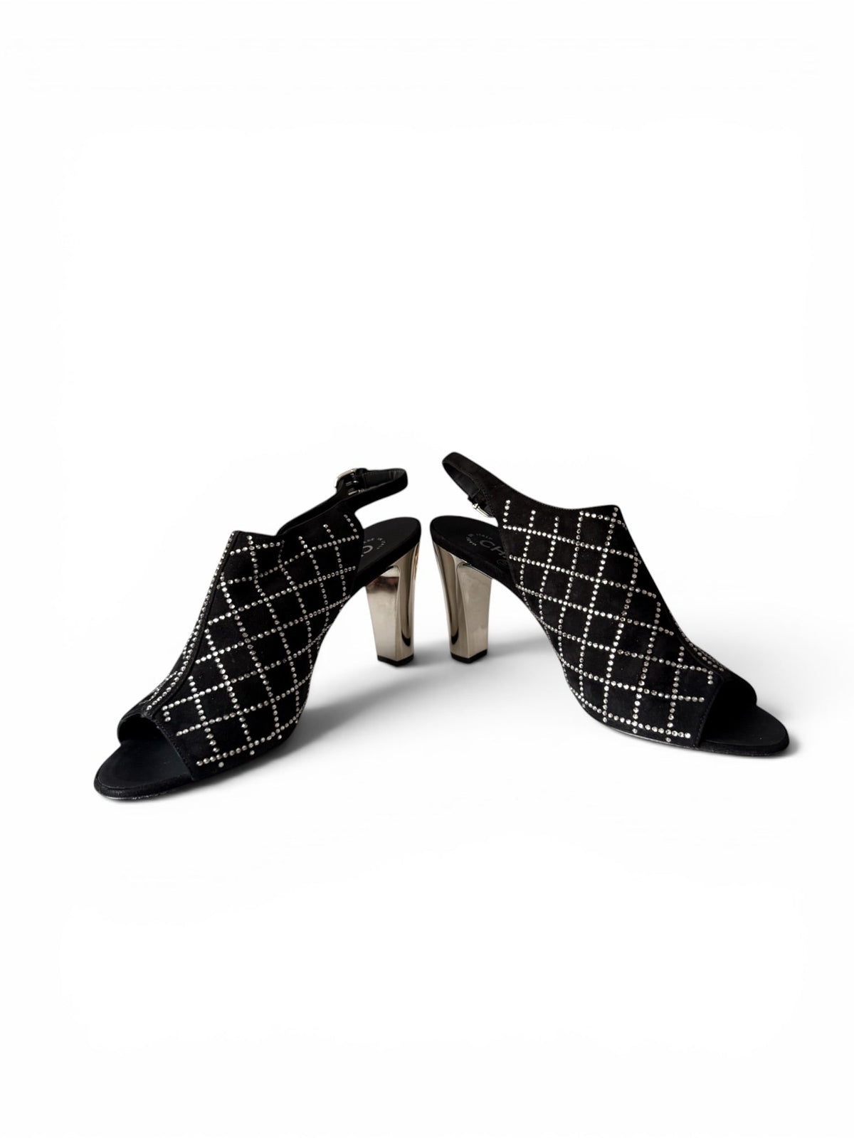 Chanel Black Suede Crystal Grid Slingback Heels