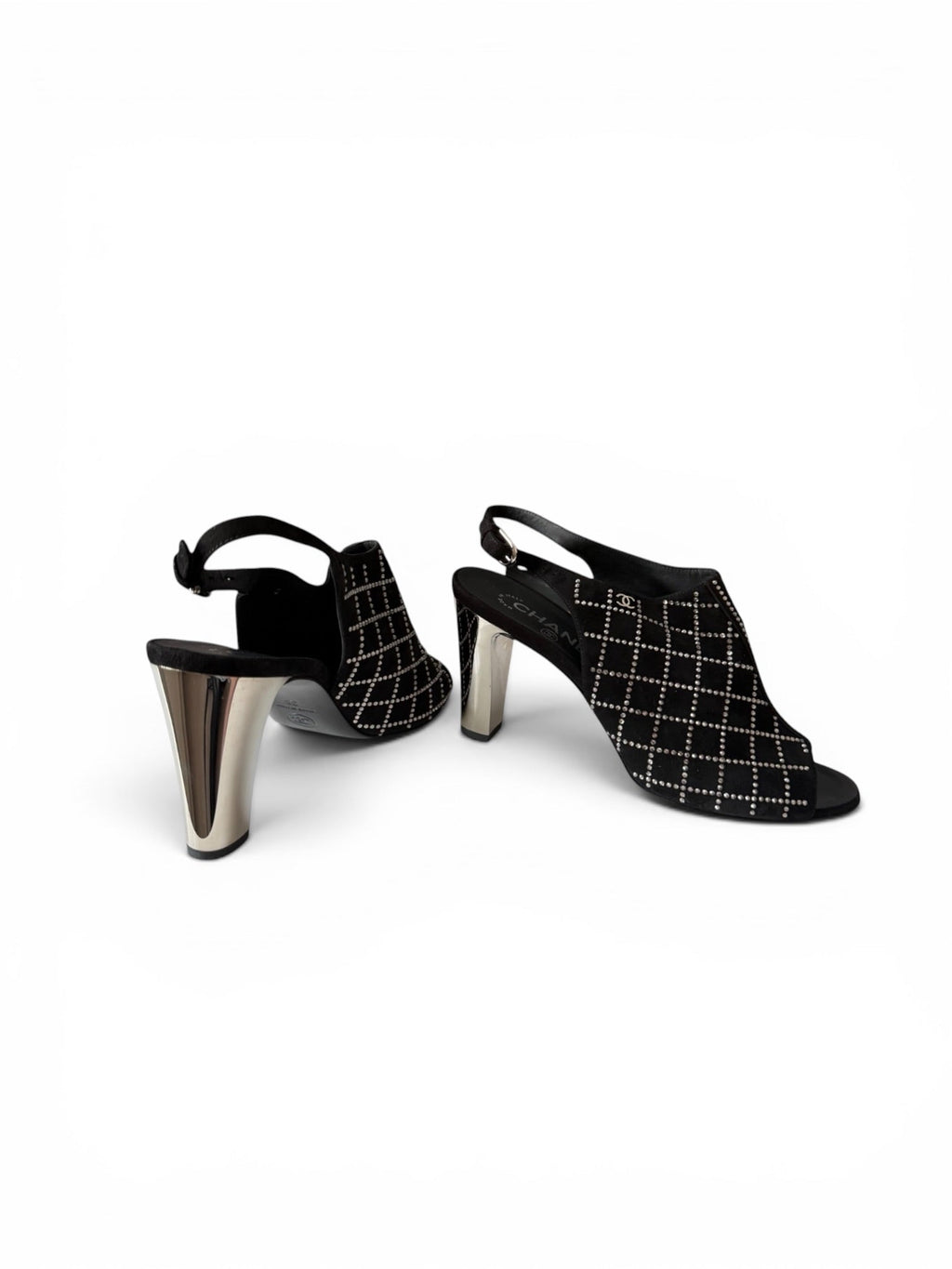 Chanel Black Suede Crystal Grid Slingback Heels