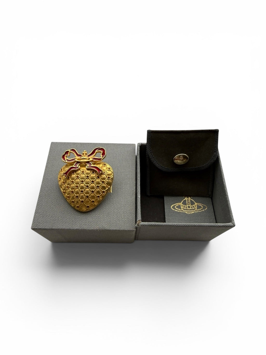 Vivienne Westwood Vintage Boudoir Gold Heart Brooch with Red Enamel Orb Bow