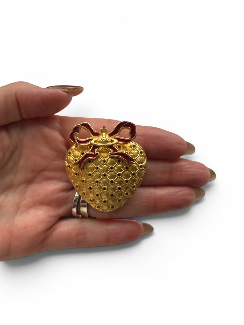 Vivienne Westwood Vintage Boudoir Gold Heart Brooch with Red Enamel Orb Bow