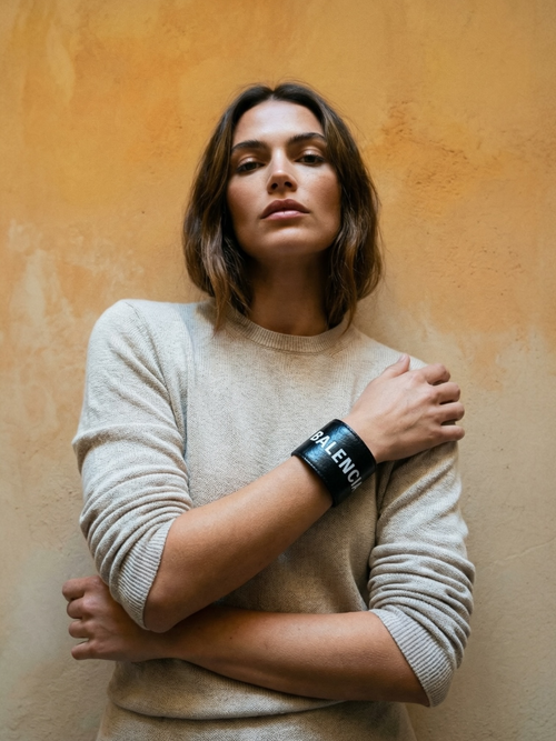 Balenciaga Black Leather Cycle Slap Bracelet – White Logo Cuff