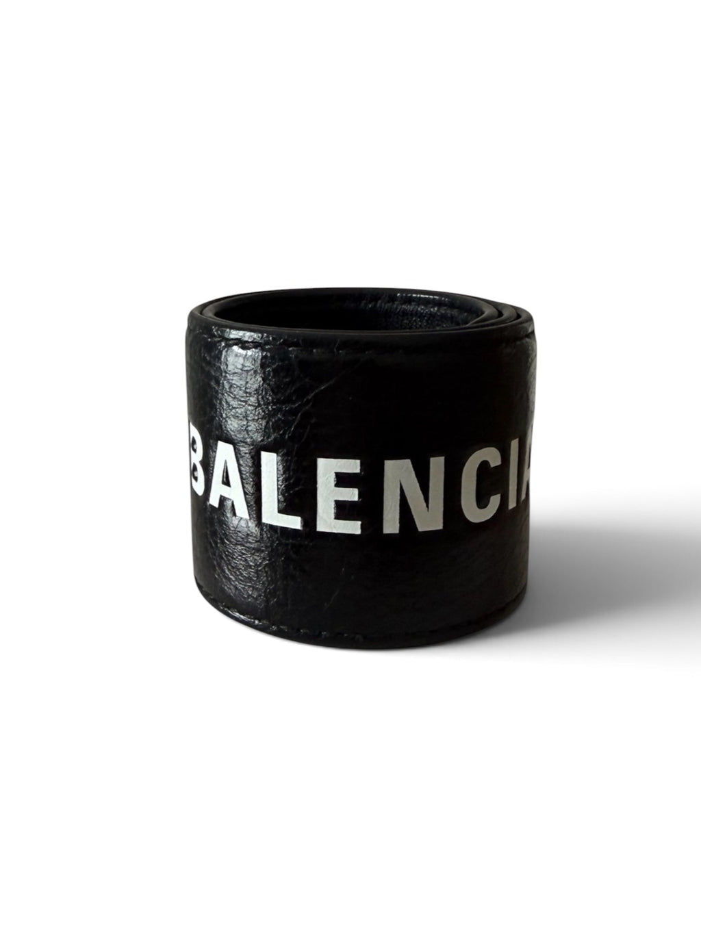 Balenciaga Black Leather Cycle Slap Bracelet – White Logo Cuff