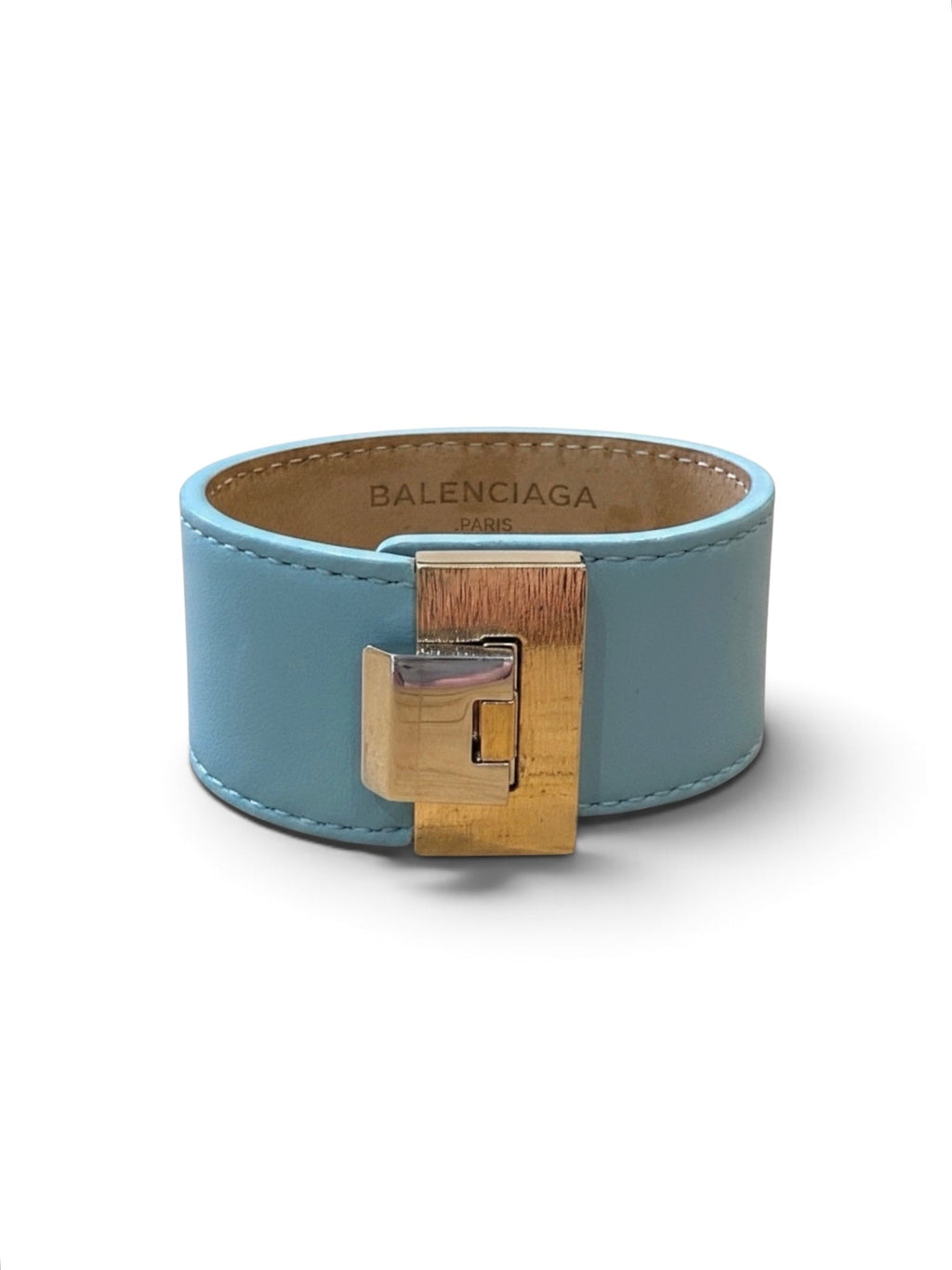 Balenciaga Pale Blue Leather Bracelet with Silver and Gold Clasp