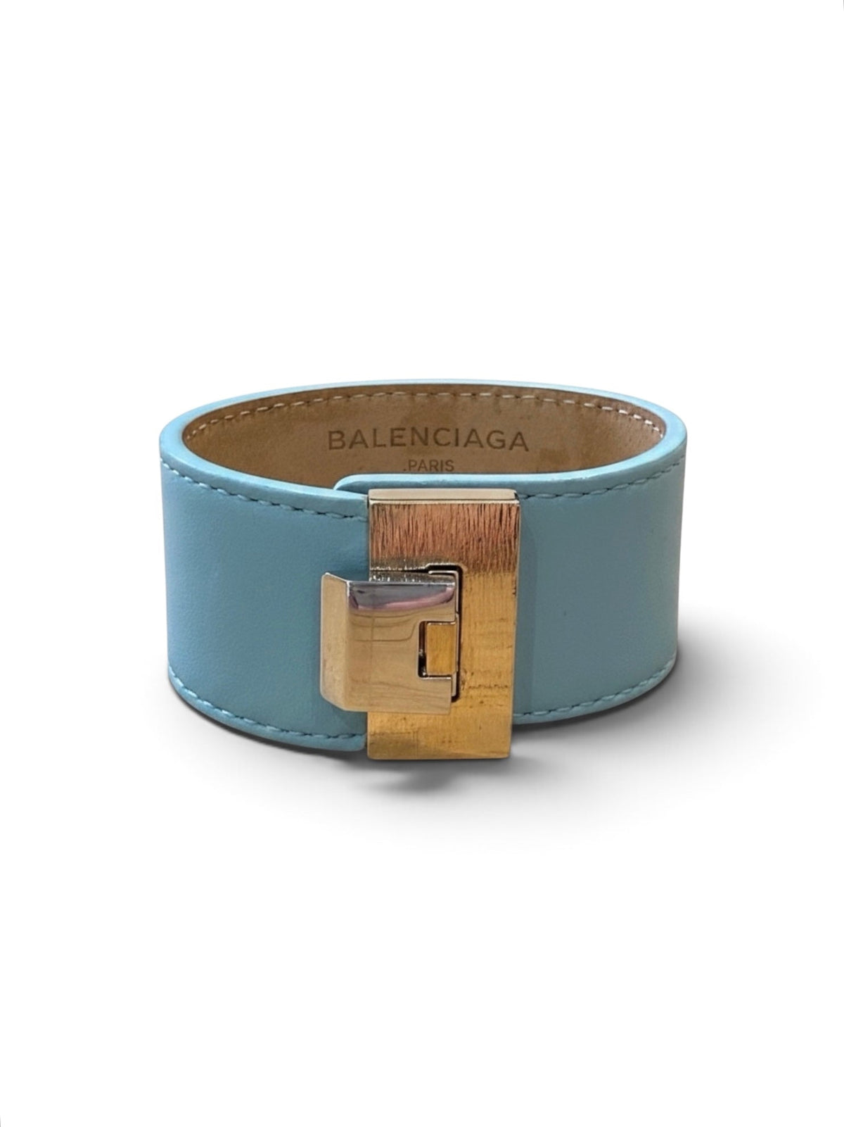 Balenciaga Pale Blue Leather Bracelet with Silver and Gold Clasp